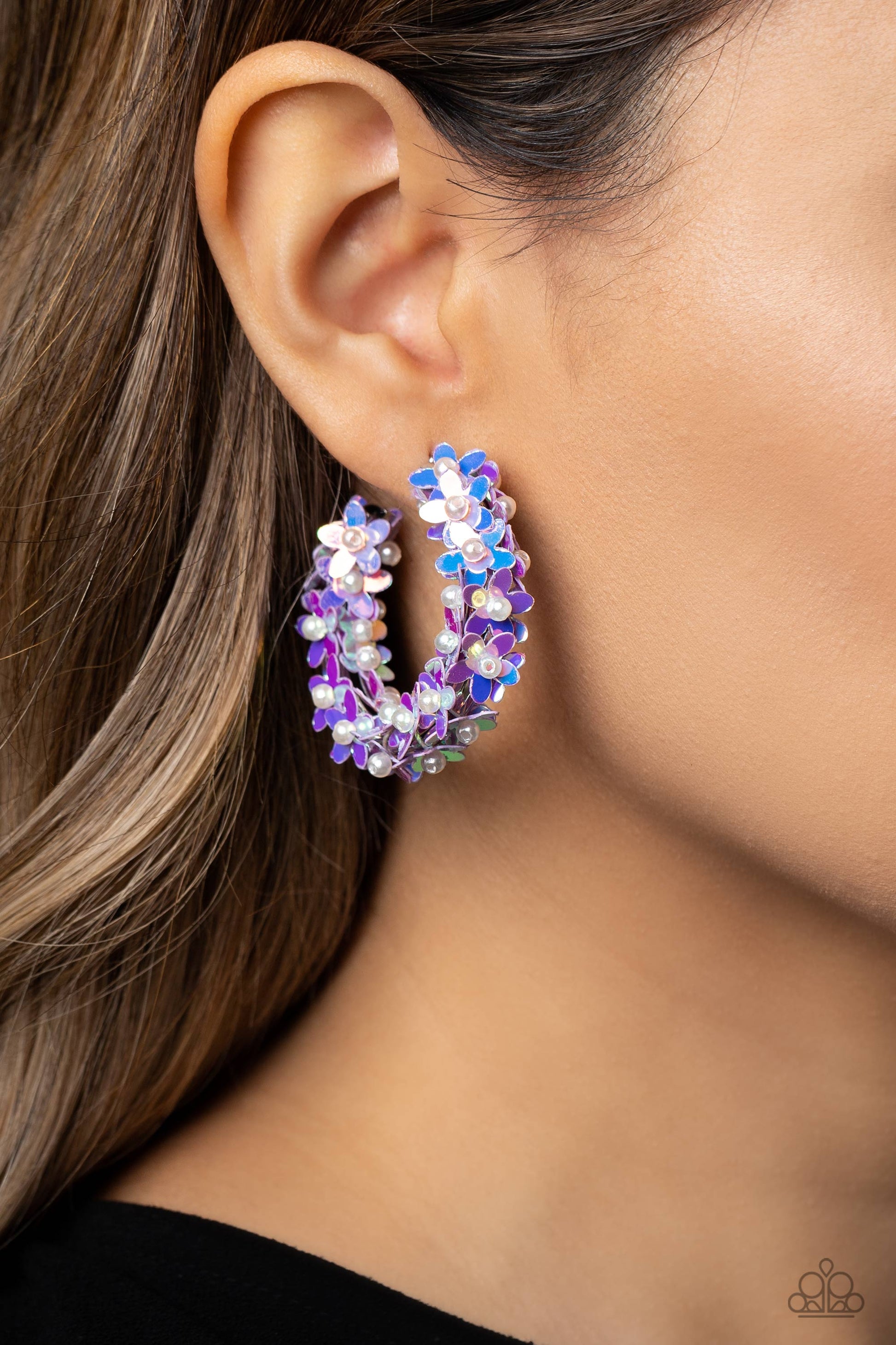 Earrings, Sensitive Skin, Hypoallergenic Jewelry, purple. pearls, flowers, hoops