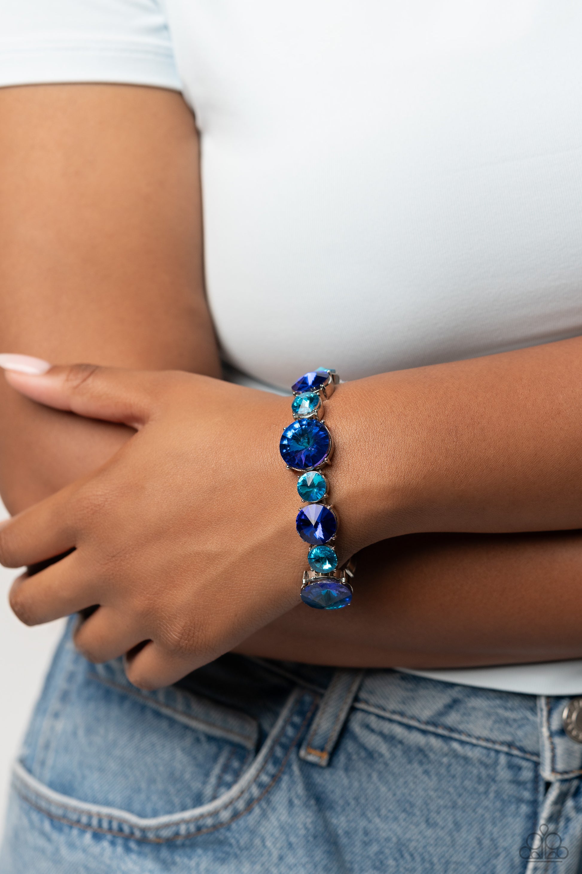 Bracelet, Sensitive Skin, Hypoallergenic Jewelry, blue, stretchy, rhinestones